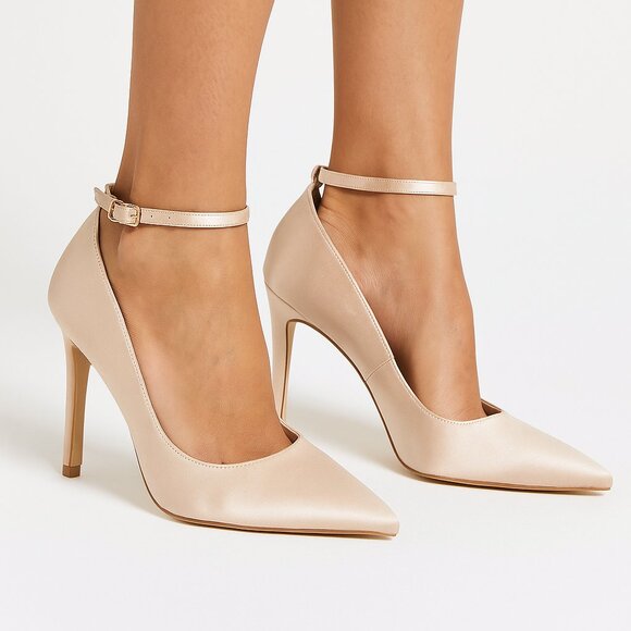 Women’s Nude Satin Pumps – Pointed Toe Stiletto Heels with Ankle Strap, Wedding - Picture 1 of 8